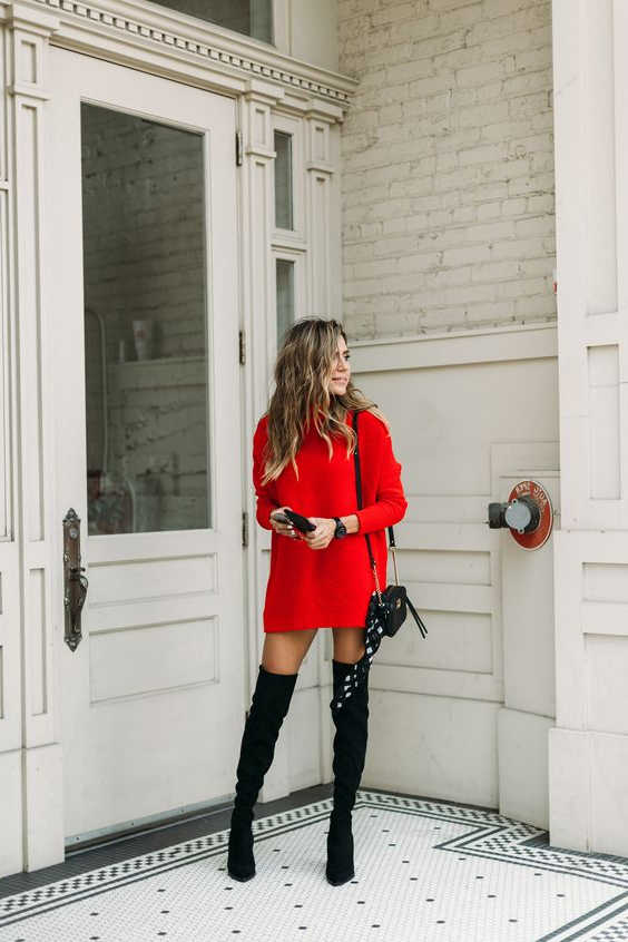 red dress black boots