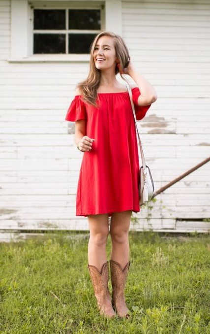 red dress with cowboy boots