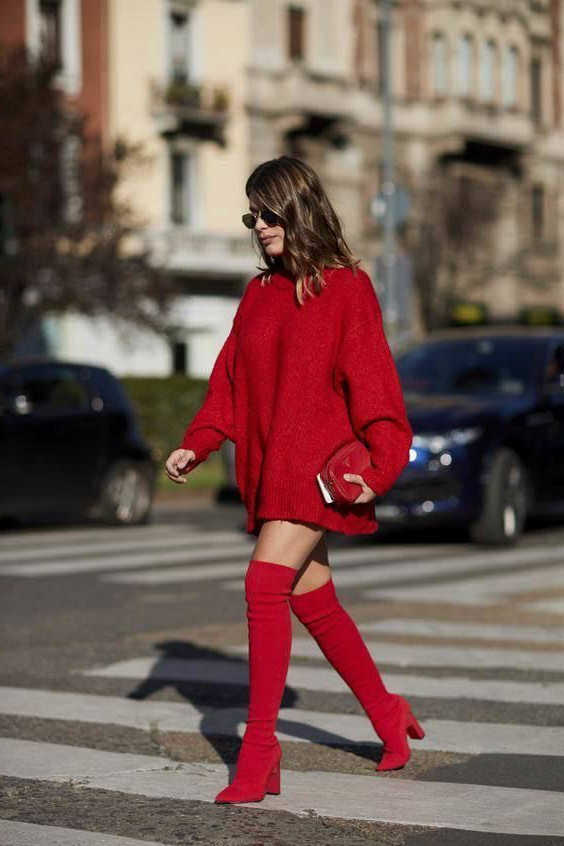 red dress with red boots