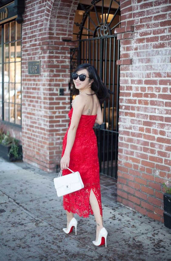 red dress with black and white shoes