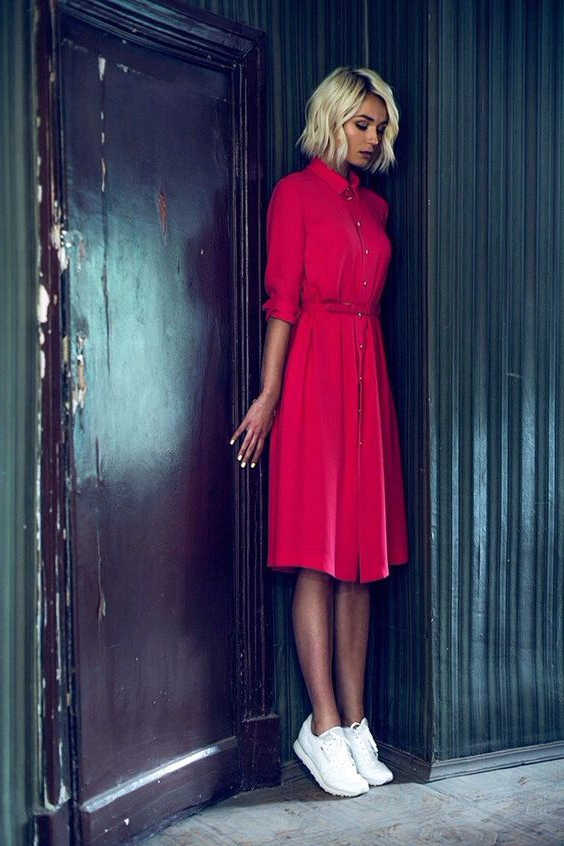 red dress and sneakers