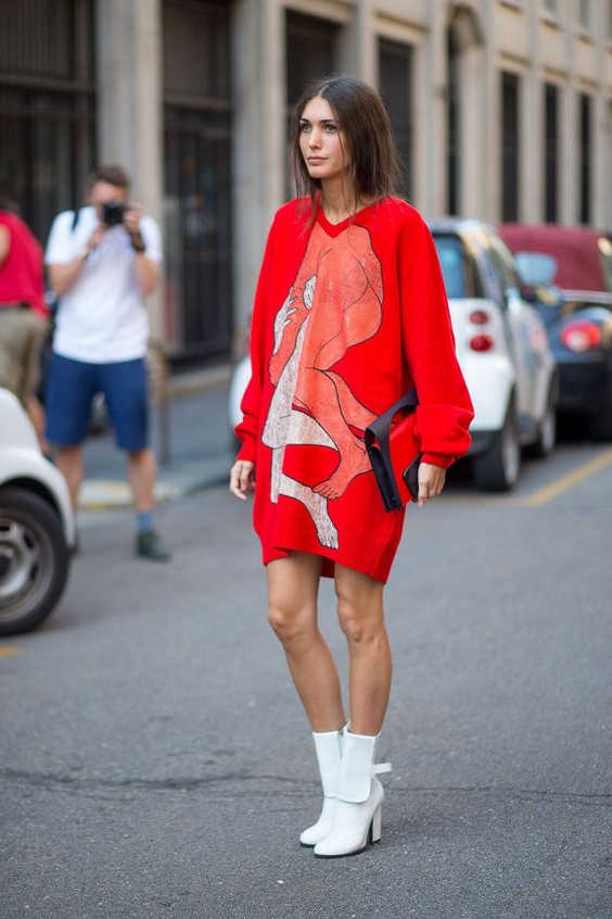 red dress with black and white shoes