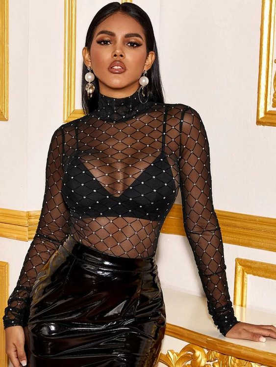 black sheer top with pearls