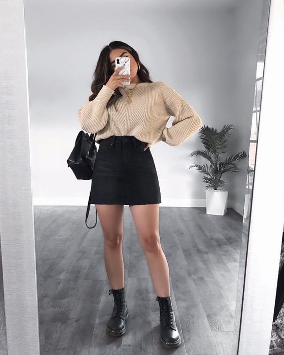 black skirt outfit with boots