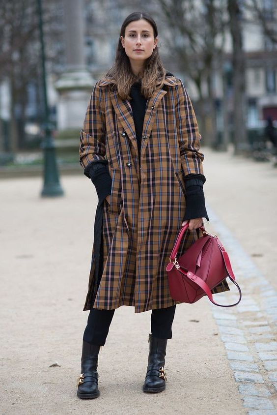 plaid trench coat outfit