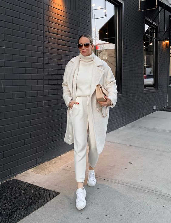 all in white look with sweater and joggers