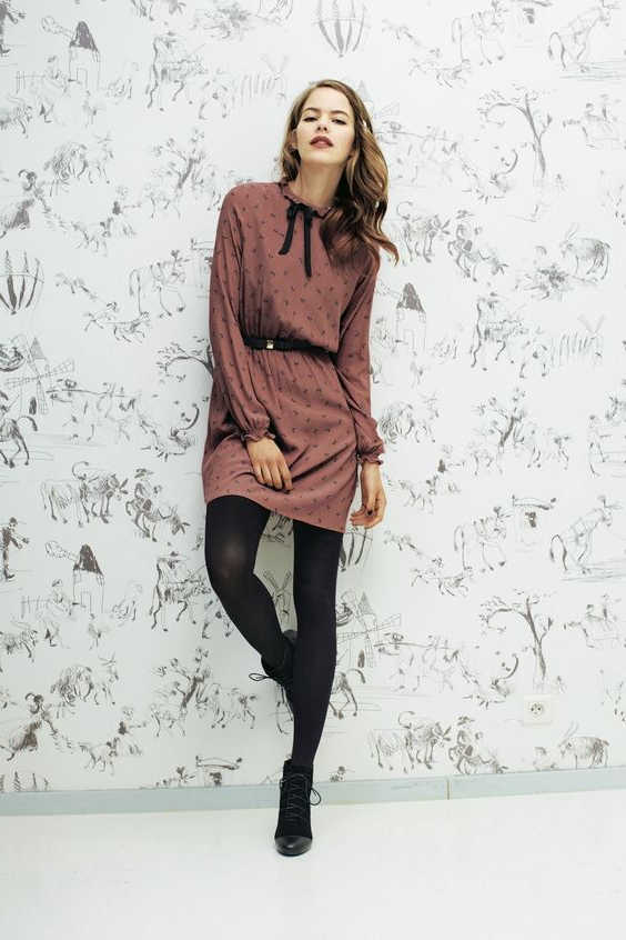 belted boho dress black tights and black lace-up booties