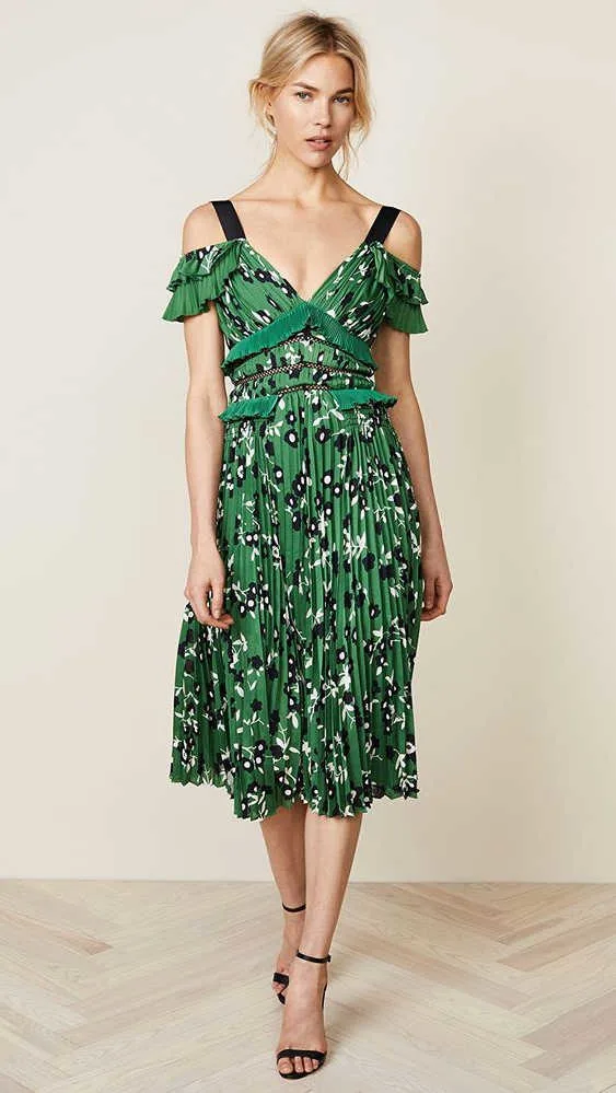 cold shoulder floral printed dress in green