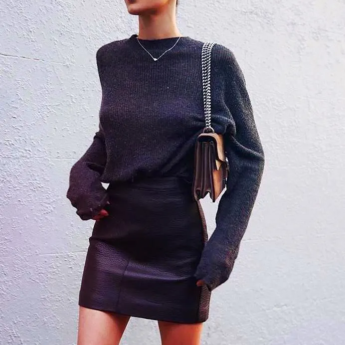 Grey Sweater And Black Leather Skirt Outfits 2023