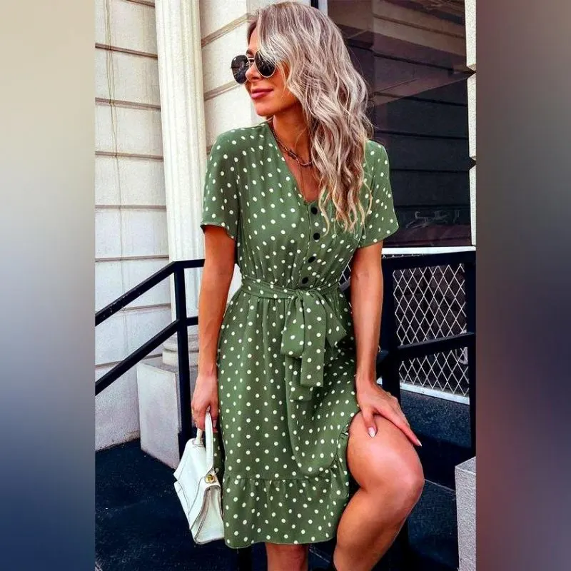 Green Dress In White Dots For Summer 2023