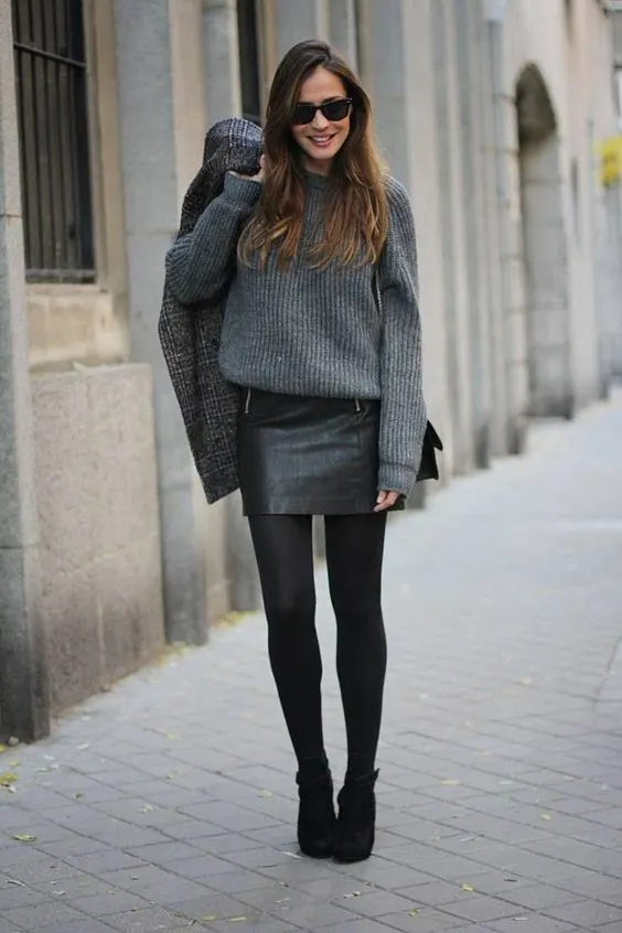 Grey Sweater And Black Leather Skirt Outfits 2023