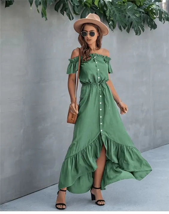 How To Wear Off Shoulder Green Dresses For Women 2023 | Fashion Canons