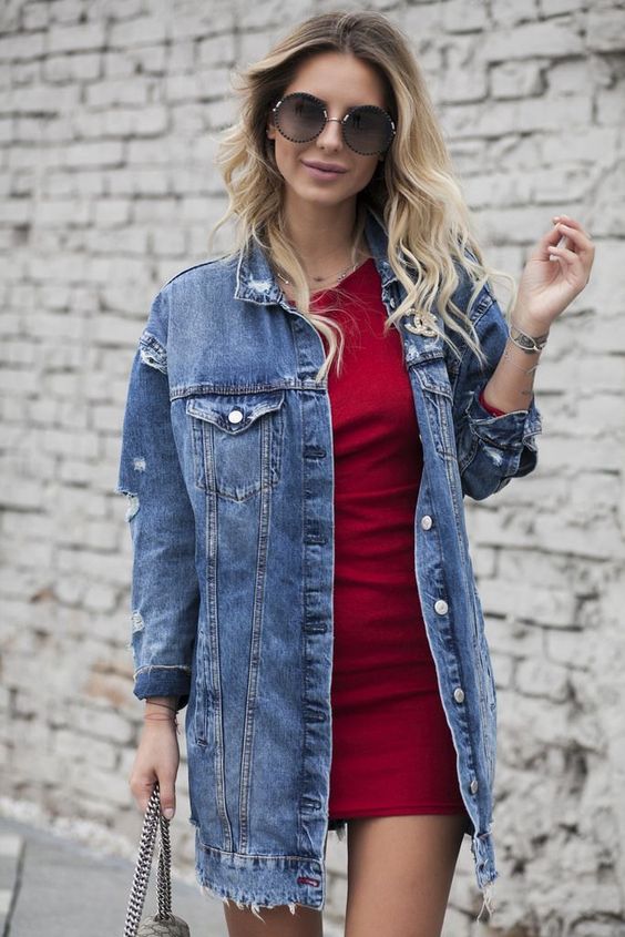 How To Wear Red Dress With A Blue Denim Jacket 2022
