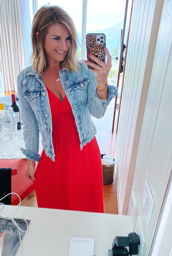 How To Wear Red Dress With A Blue Denim Jacket 2022