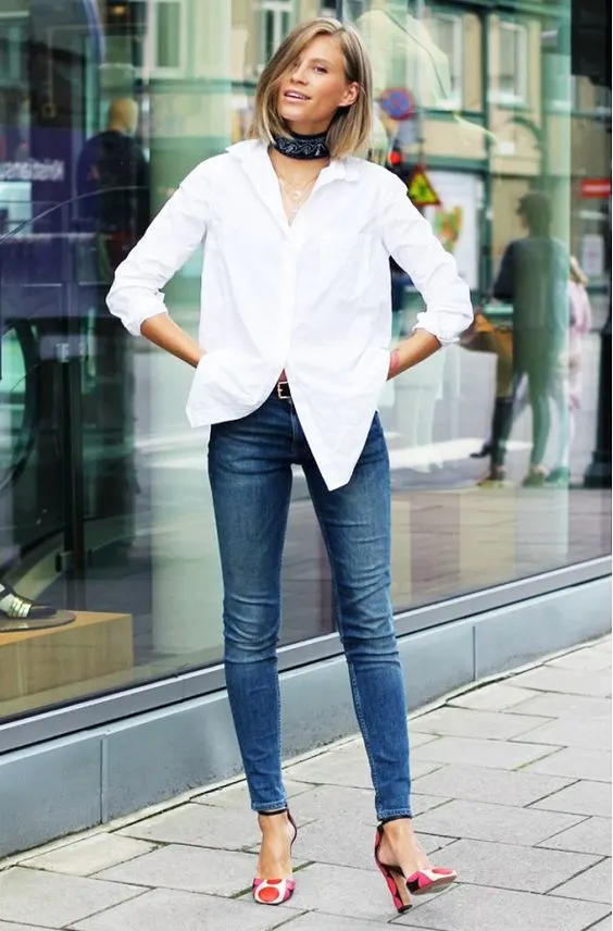 White shirt blue jeans store for ladies